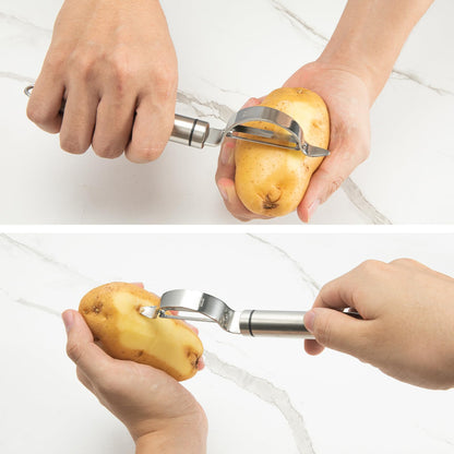 VOOVAO 2Pcs Long Handle Large Potato Smasher with Peeler,Mashed Potato Masher,Stainless Steel Masher Kitchen Tool for Bean,Vegetable,Food,Fruit,Salad