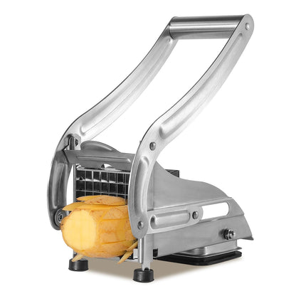 QBGSFSYG Stainless Steel Potato Slicer & French Fry Cutter - 2 Blades (1/2" & 1/3") for Homemade Fries, Non-Slip Suction Base, Easy Chip & Sweet Potato Maker (Silver)