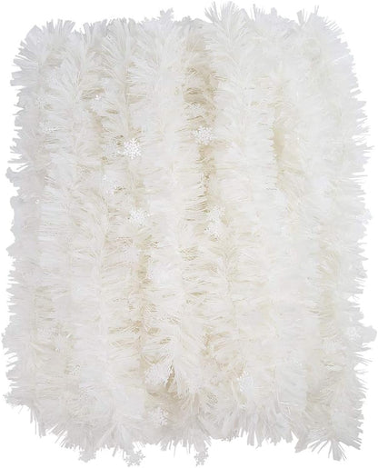 CCINEE 33FT Christmas Tinsel Garland, White Metallic Twist Garland with Snowflakes for Home Decoration