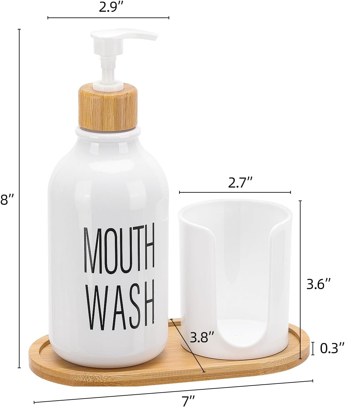 17oz Mouthwash Dispenser with Cup Holder, Plastic White Mouth Wash Pump Bottle with Tray for Bathroom Organizers