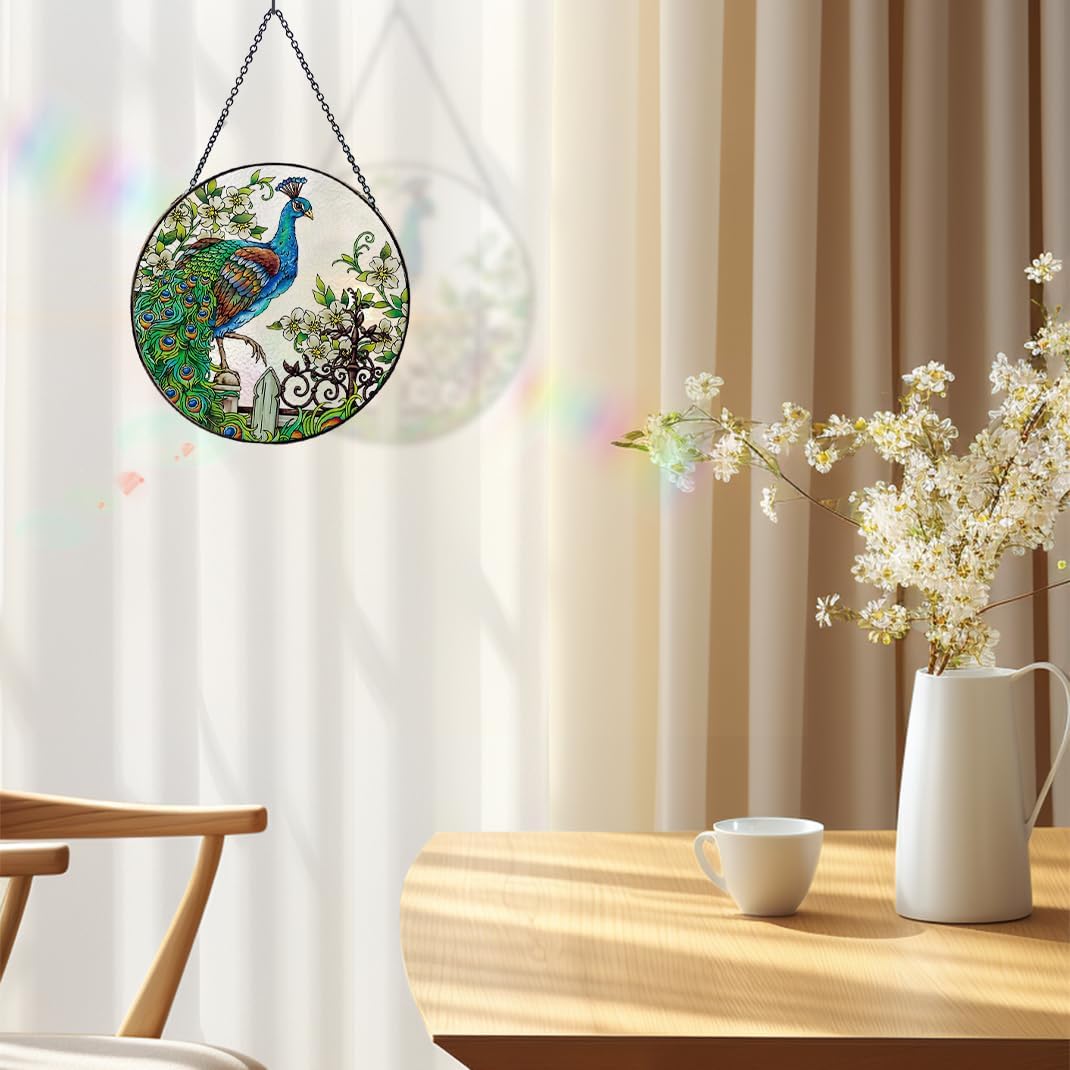 Peacock Stained Glass Suncatcher: Hand-Painted Window Wall Hanging Decor Ornament 6.5''*6.5'' for Home Garden Gift