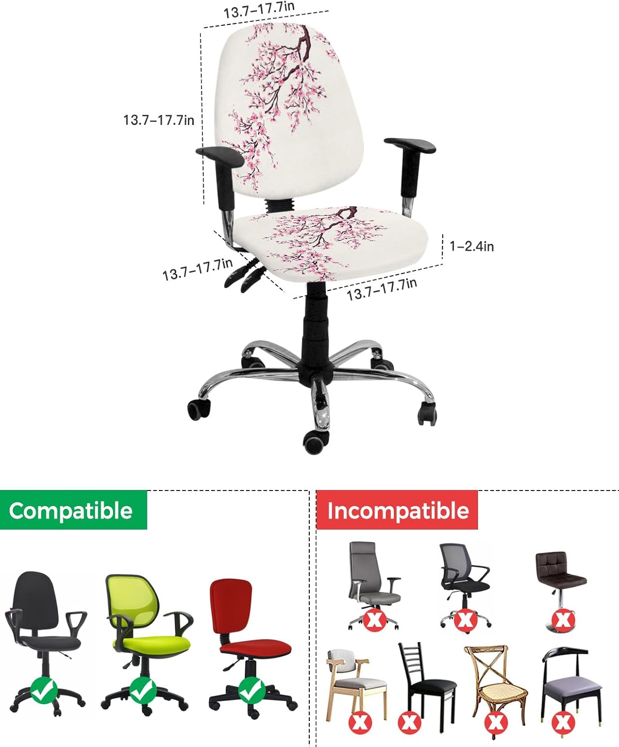 Cherry Blossoms Office Chair Cover, Stretchable Computer Chair Seat Cover, Pink Spring Floral Design