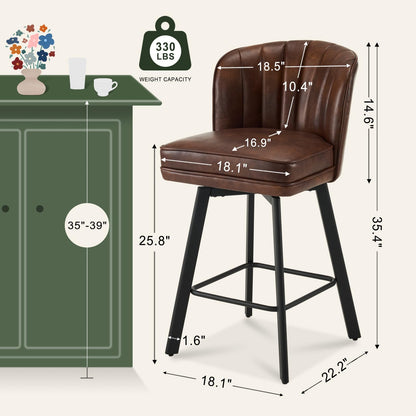 SAECKBERG Swivel Counter Height Bar Stools Set of 3, 26'' Modern Barstools with Backs and Metal Legs, Upholstered Bar Chairs, Faux Leather Brown Stools for Kitchen Island Chairs