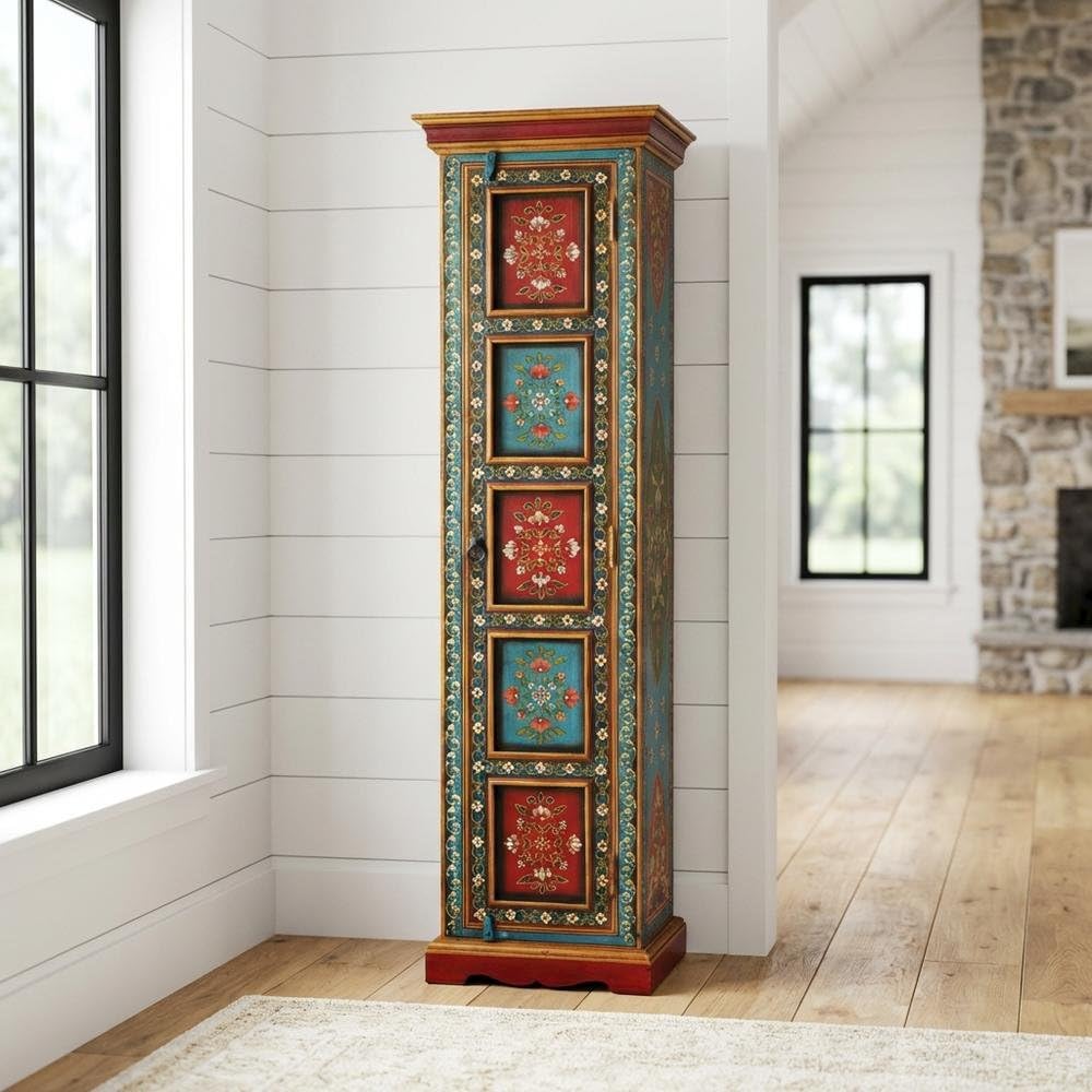 Starlight Canyon Home Hand Painted Tall Storage Cabinet, Boho Eclectic Merranti Wood Accent Cabinet for Living Room in Multicolor Finish