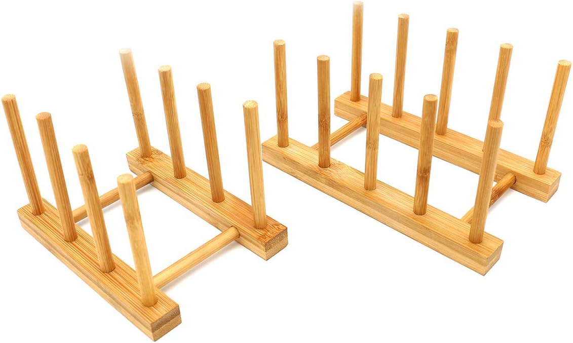 2 Pcs Household Kitchen Natural Bamboo Drain Dish Rack, Multifunctional Cup and Book Storage Rack, 8"(L) x 4.5"(W) x