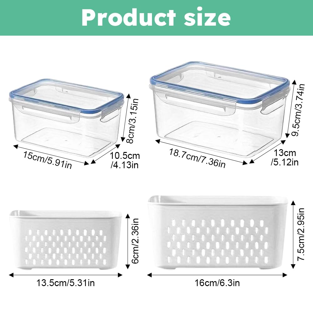 iayokocc 2 Pack Fruit Storage Containers for Fridge, Stackable Food Storage Containers with Removable Colander, Refrigerator Organizer with Drain Baskets Lids- Keeping Food Fresh Longer