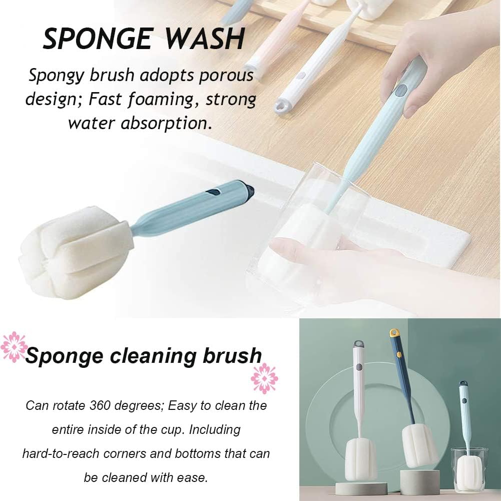 AKOAK Sponge Cleaning Brush 1 Pack, Plastic Handle Baby Bottle Brush, 360 Degree Rotation, Light Blue Household