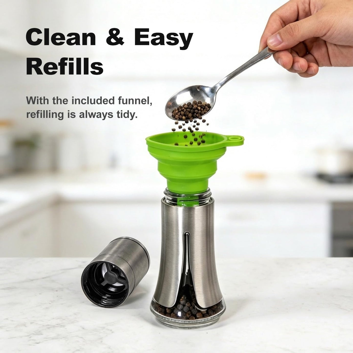 Aelga Salt and Pepper Grinder Set - Manual Pepper Mill with Adjustable Coarseness, Stainless Steel & Glass Salt Grinder Refillable for Kitchen & Dining Table