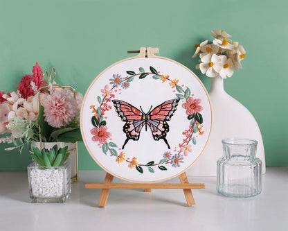 Mozzyyee 3 Sets Embroidery Starter Kit for Beginners Adults Include 3 Embroidery Clothes with Instructions Hoops Floss Thread Fabric Needles (Butterfly)