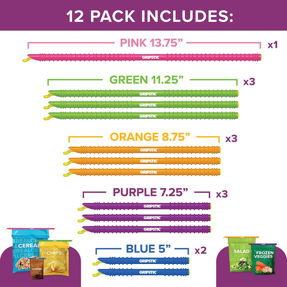 GripStic 12-Pack Assorted Bag Sealers – Airtight Reusable Chip Bag Clips for Food Storage, Freezer & Pantry Organization – Slide-to-Seal Rods for Snacks, Cereal, Coffee & Frozen Foods