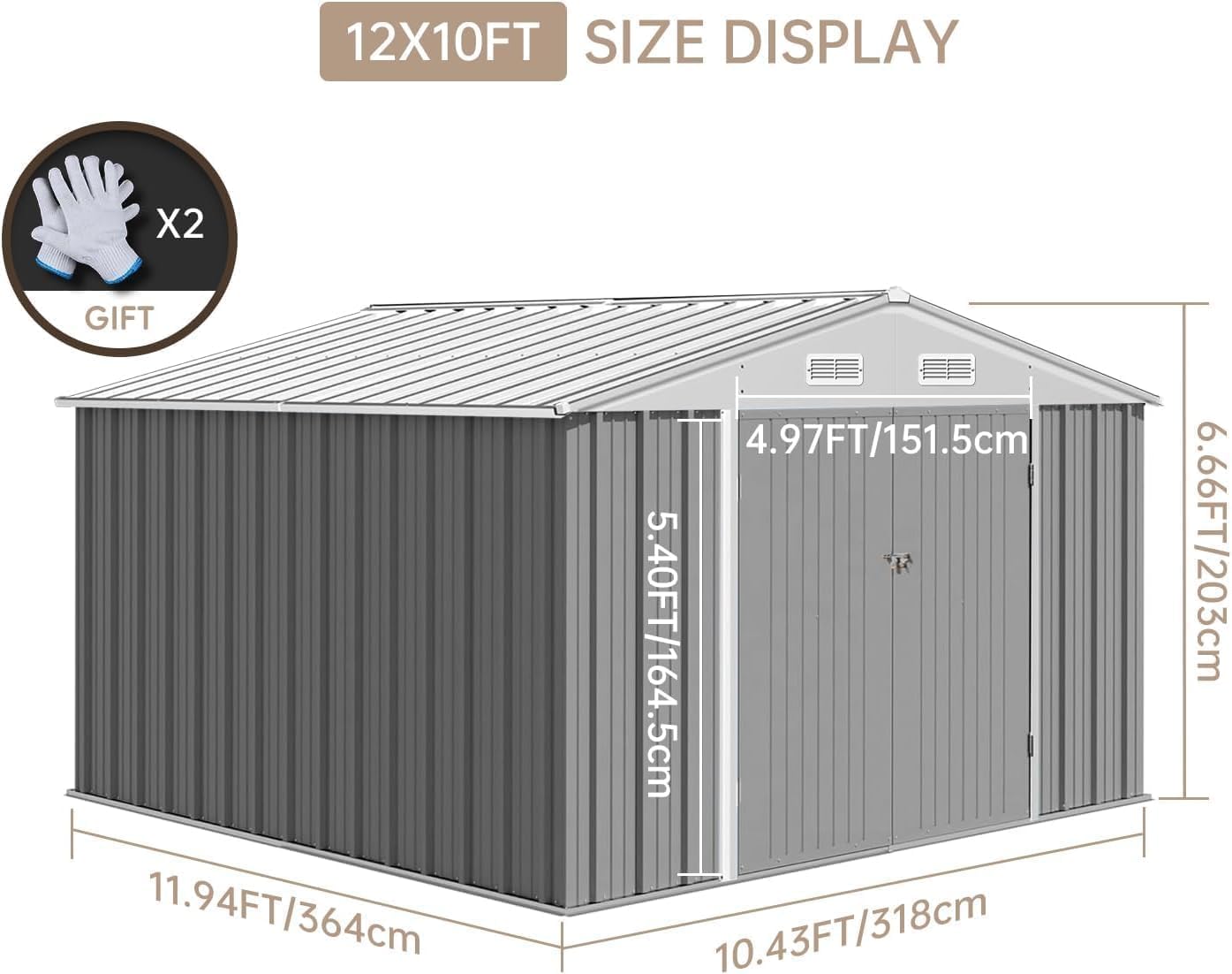 12x10 FT Outdoor Storage Shed, Large Metal Garden Storage Shed with Sloped Roof, Lockable Door, Durable Steel Tool Shed for Lawn Equipment, Backyard, Patio, Yard Organizer, Grey