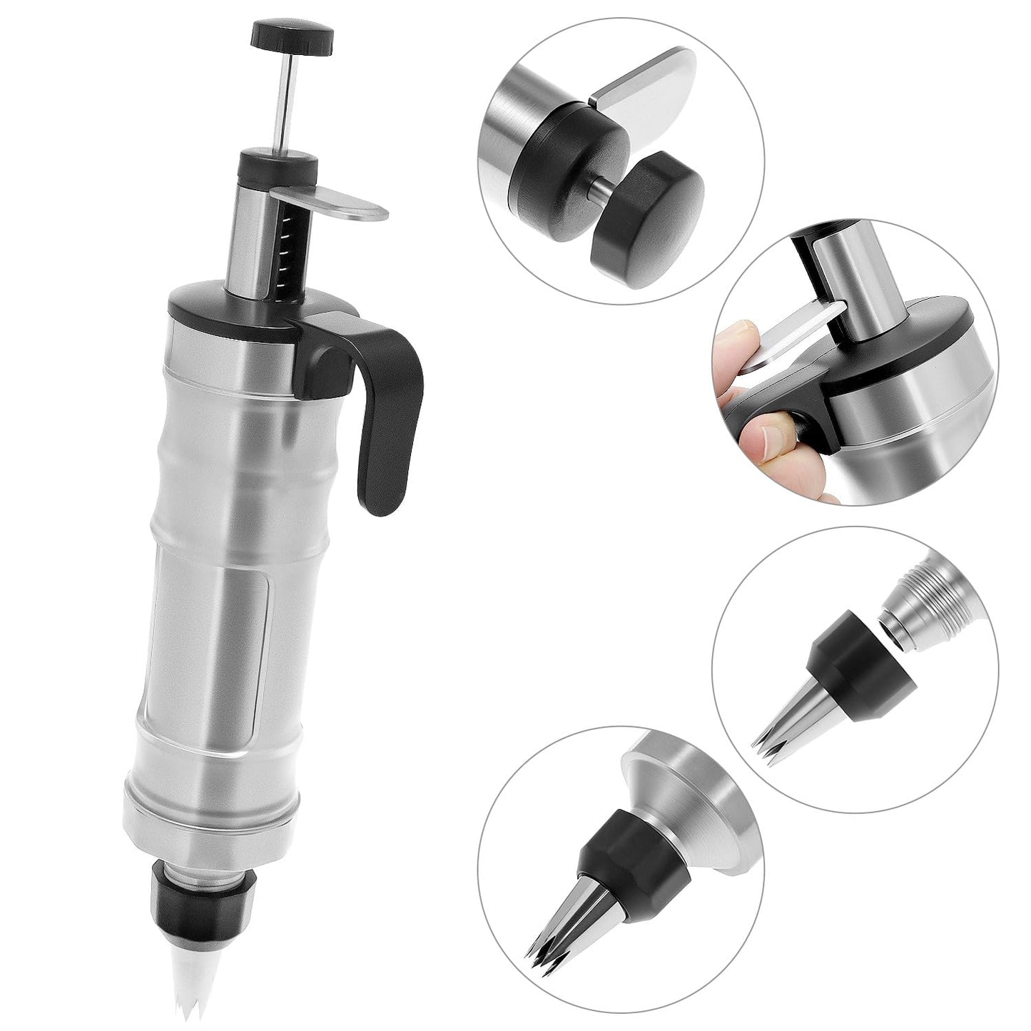 QWORK Dessert Decorating Syringe Set, 304 Stainless Steel Frosting Icing Piping Kit with 6 Replaceable Tips and 8 Silicone Cupcakes - Ideal for Cakes, Cupcakes, Cookies