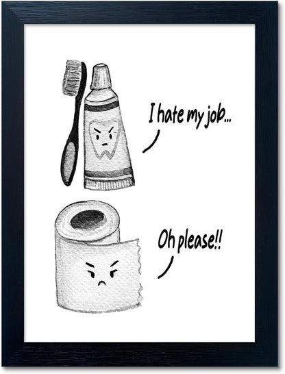 Regine Switzerland Kids Bathroom Decor - Funny Black and White Wall Art Print | Framed Toilet Paper & Toothbrush Design