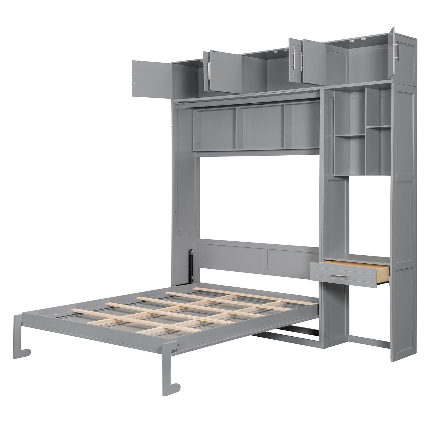 Merax Queen Size Wall Murphy Bed with Desk, Top Cabinet and Storage Shelves, Space Saving Foldable Bed, Wooden Bed Frame