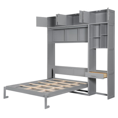 Merax Queen Size Wall Murphy Bed with Desk, Top Cabinet and Storage Shelves, Space Saving Foldable Bed, Wooden Bed Frame