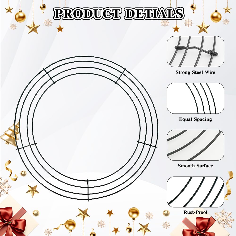 4 Pack Wreath Frame 14 Inch Wire Wreath Frame Round Metal Wreaths Form Dark Green Wire Wreaths Ring for Halloween Thanksgiving Christmas Front Door Outdoor Home Decorations Party Supplies DIY Craft