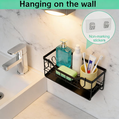SWILLE Sponge Holder for Kitchen Sink - Sink Caddy Organizer with Auto Drain Tray, Detachable Towel Rack, Stainless Steel Kitchen Counter Organizer Rack, Black