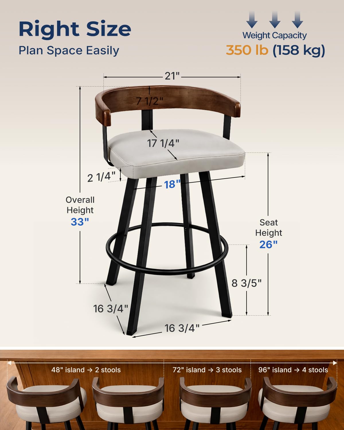 FORSPARK 350 lbs Capacity Bar Stools with Back and Cushion 26" Swivel Counter Height Bar Stools with Solid Wood Back Modern Kitchen Island Chairs with Metal Frame 360°Barstools Dining Room Grey Black