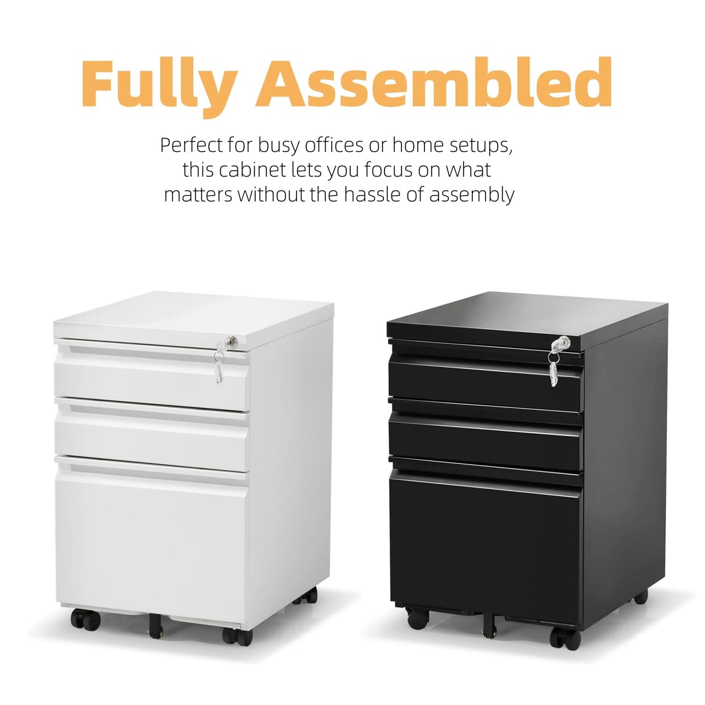 Oasecrilio 3 Drawer Filing Cabinet, Mobile Filing Cabinet for Home Office, Locking File Cabinets for A4/Letter/Legal Size File Folders, Fully Assembled, Matte Black