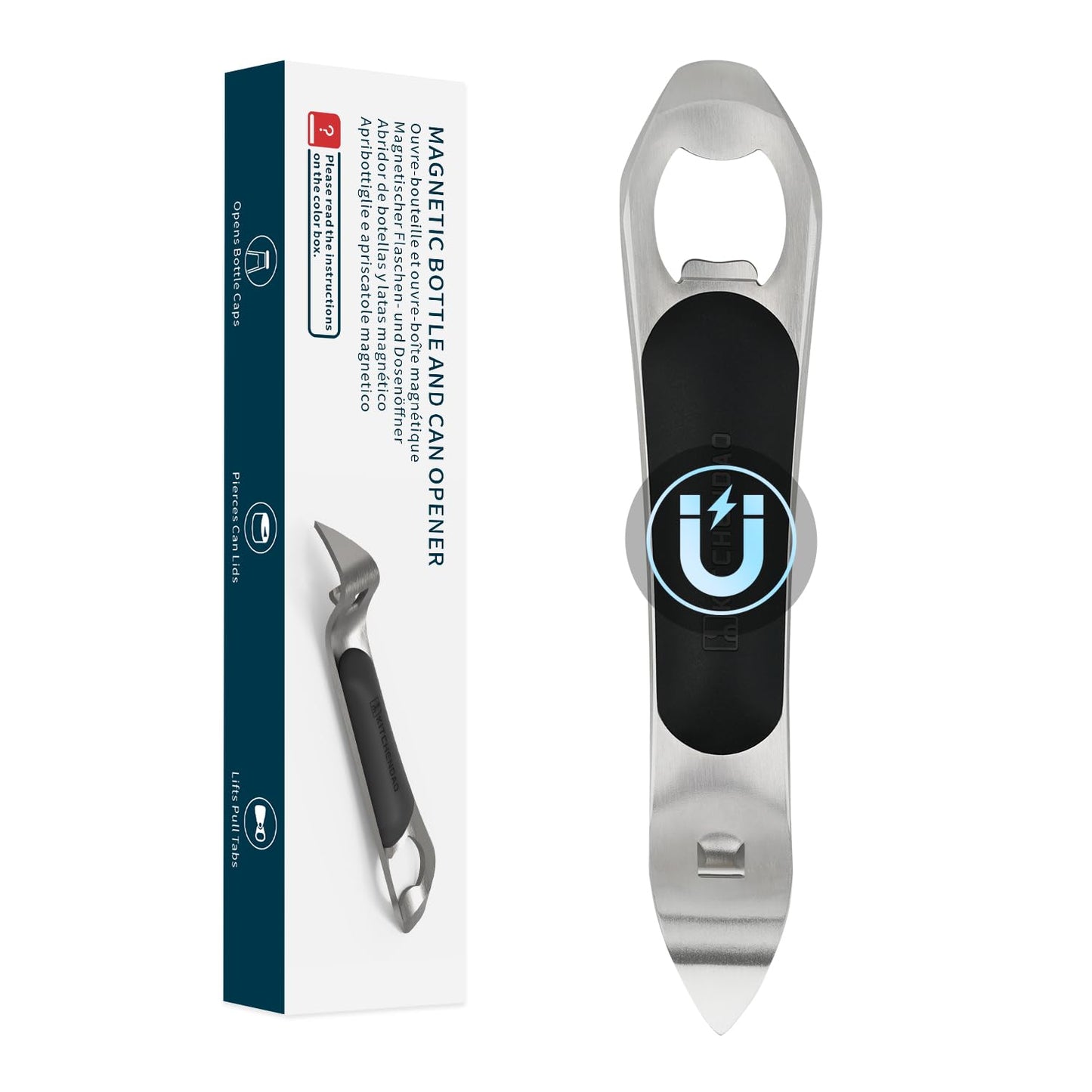 KITCHENDAO 3 in 1 Magnetic Bottle and Can Opener for Refrigerator, Stainless Steel Manual Can Punch Opener with Soft-Touch Handle, Fridge Magnet Design for Easy Storage, Multi-purpose Church Key