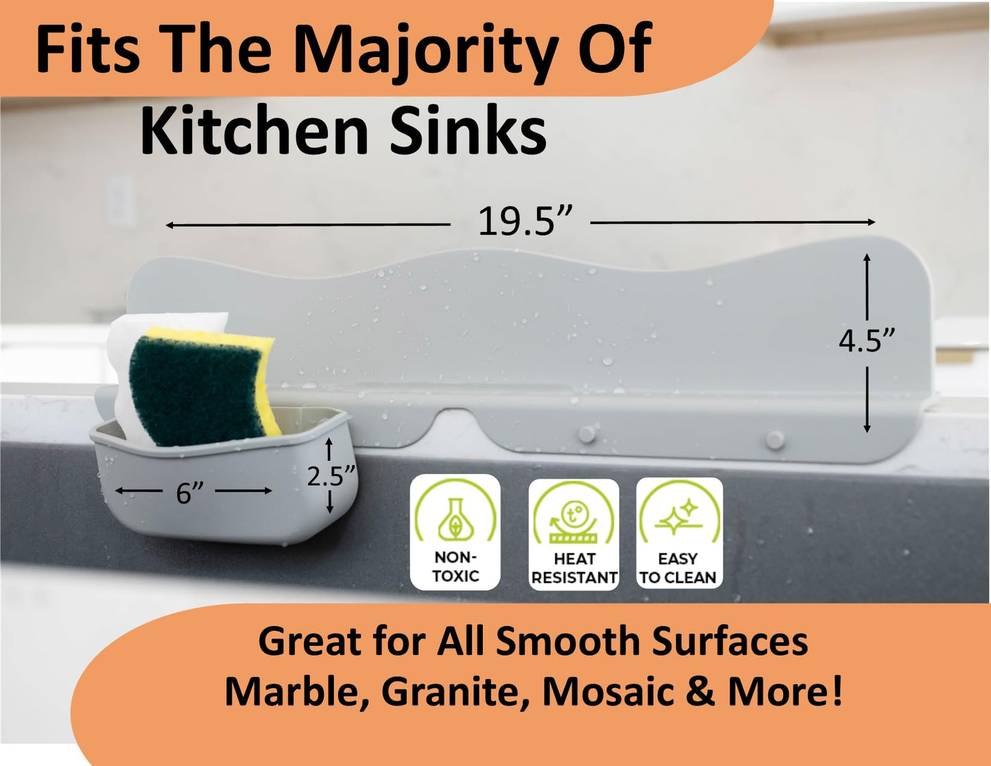 Silicone Sink Splash Guard with Sponge Holder -19.5" x 4.5" x 2.5",- Strong Suction - Sink Edge Protectors for Kitchen Sink - Kitchen Sink Splash Guard - Gray