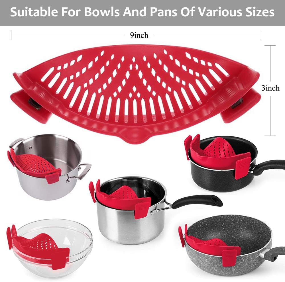 YEVIOR Clip-On Strainer for Pots and Pans, Hands-Free Silicone Food Strainer for Spaghetti, Fits All Bowls and Pots