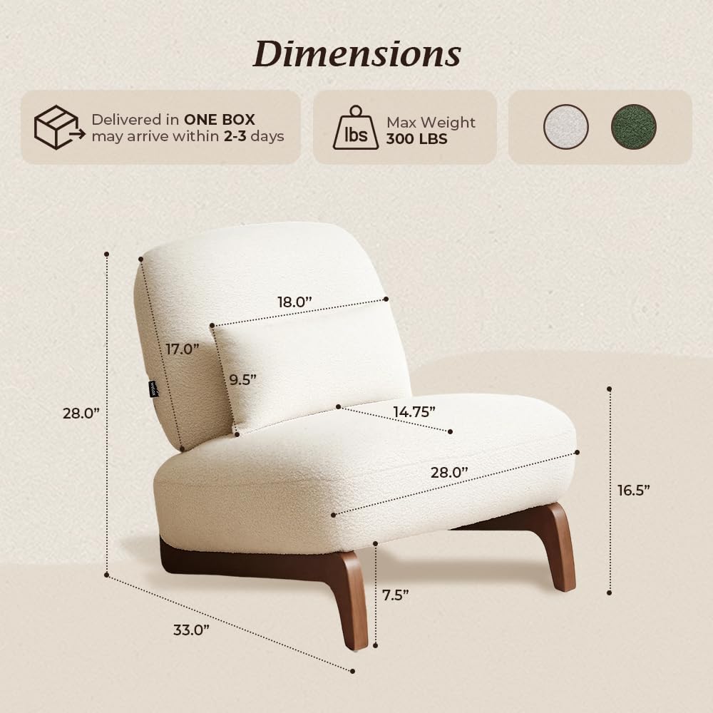 WELAX Modern Boucle Accent Chairs Set of 2, Sturdy Tilted Wood Legs with Thick Cushion & Comfy Lumbar Pillow, Armless Reading Chairs for Living Room, Lounge, Bedroom - White