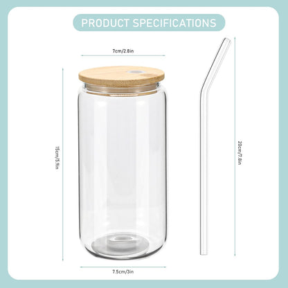 20 Pack 16oz WHEATHUSK Glass Cups with Bamboo Lids and Glass Straws Clear Glass Tumblers Beer Can Shaped Drinking