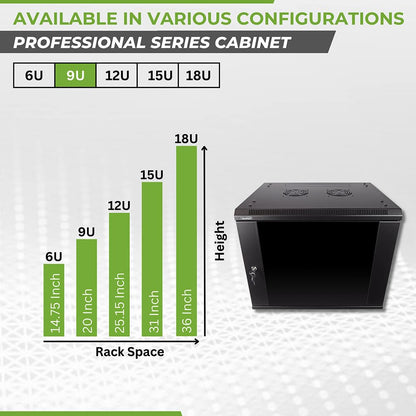 NavePoint 9U Server Rack Enclosure - 17.7” Deep, Wall Mount Network Cabinet with Locking Glass Door for 19” IT Equipment, Network Rack with 2 Fans, Removable Side Panels, Black