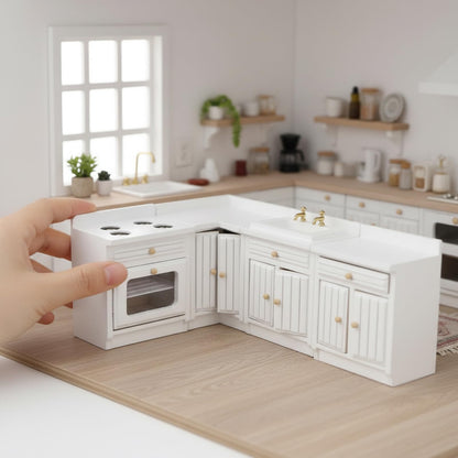 Miniature Furniture Dollhouse Kitchen Cabinets Set 1:12 Scale Wooden Model Freely Combined 4PCS Mini House Accessories Furnishings Kit Decoration Gift (White)