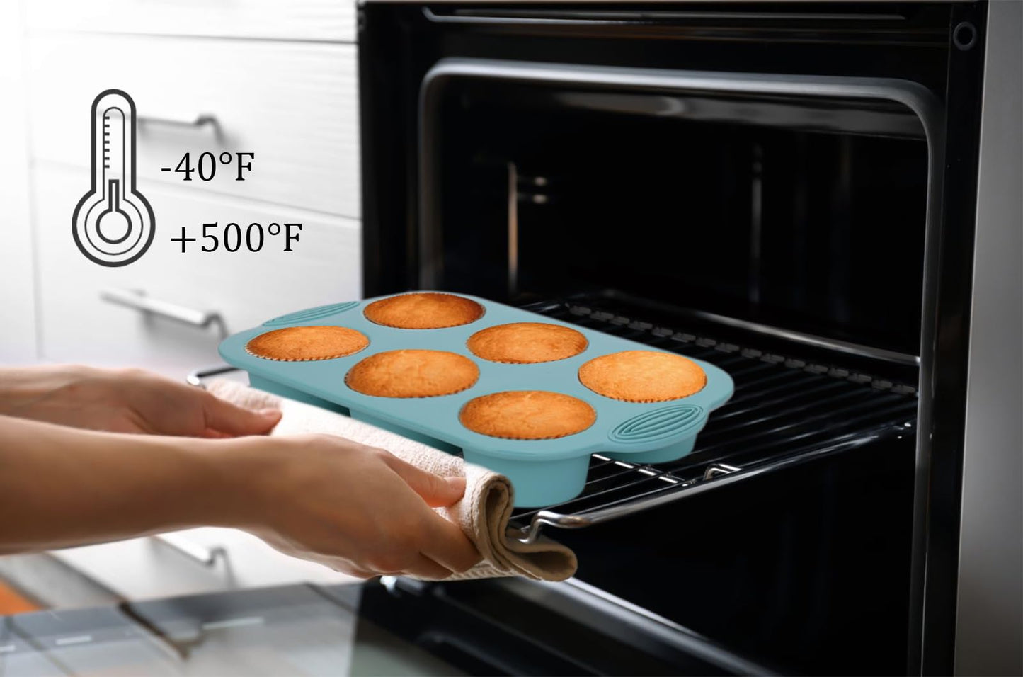 Baocuan Silicone Muffin Pan - 6-Cavity Nonstick Baking Tray for Muffins, Cupcakes, Brownies and More - Food Grade and BPA Free - Pack of 3 Colors (Gray, Orange, Peacock Blue)