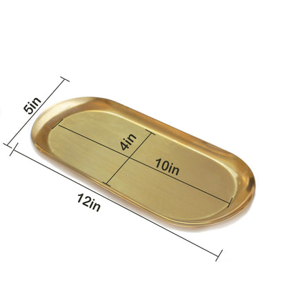12inch Large Decorative Tray, Thicken Stainless Steel Bathroom Vanity Tray for Dresser Counter, Oval Jewelry Perfume Cosmetics Trays Organizer (Gold)