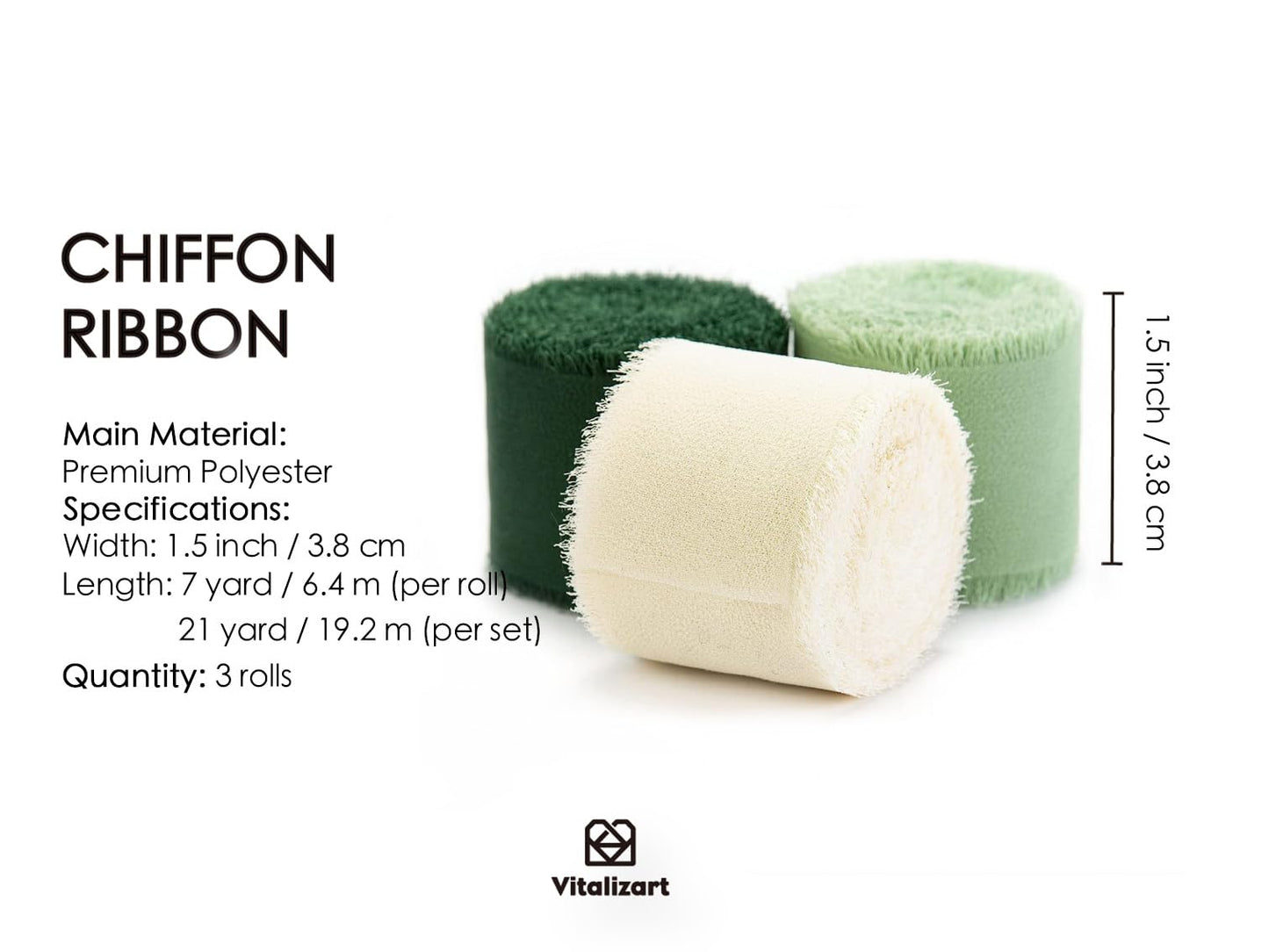 Vitalizart Handmade Chiffon Silk Ribbon Fringe Green & Cream 1.5" x 21 Yd Frayed Edges Ribbons for Wedding Invitations Bridal Bouquets Gifts Wrapping Crafts Holiday Party Decorations