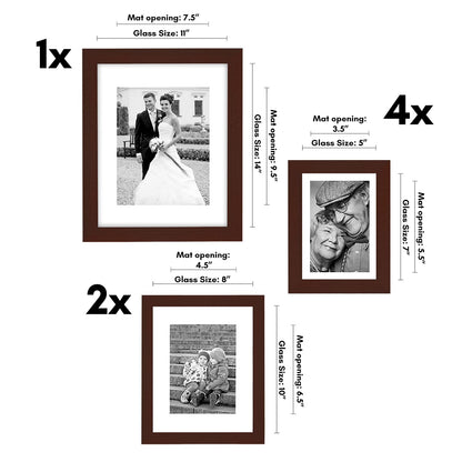 Americanflat Set of 7 Picture Frames with Shatter-Resistant Glass - Gallery Wall Frame Set with One 11x14, Two 8x10 and Four 5x7 Frames - Signature Collection - Mahogany