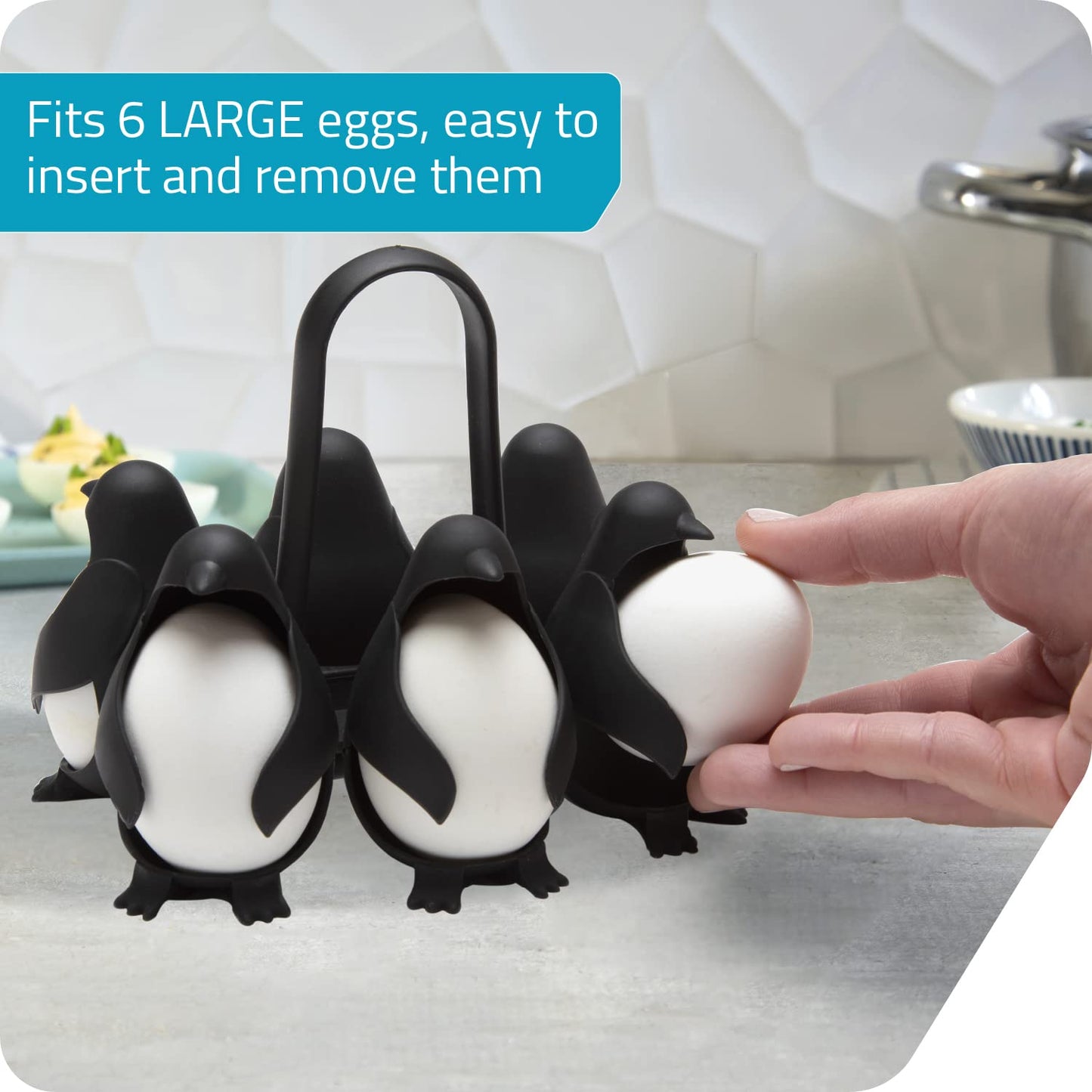 PELEG DESIGN Egguins Egg Cooker for Hard Boiled Eggs and Soft Boiled Eggs – 3-in-1 Boiled Egg Holder for Cooking, Fridge Storage & Serving – Unique Penguin Kitchen Gift, Holds 6 Eggs