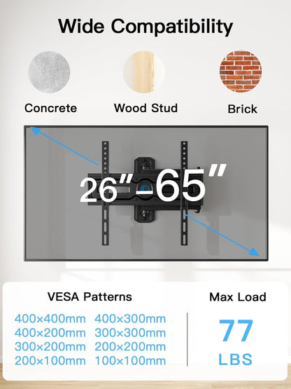 Pipishell Full Motion TV Wall Mount - Adjustable Bracket for 26-65 Inch TVs | Max VESA 400x400mm, 77 lbs Capacity