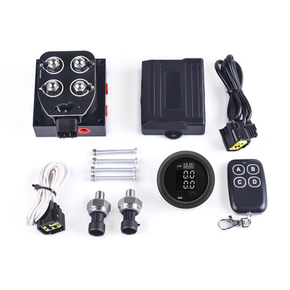 12V Solenoid Valve Air Ride Suspension manifold valve with remote controller 0-200psi, equipped with double display air pressure gauge white