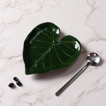 Koythin Ceramic Leaf-Shaped Spoon Rest, Decorative Spoon Holder, Elegant Kitchen Accessories (Green Leaves)