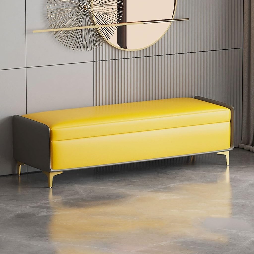 LMMIAMZ Luxury Leather Ottoman Bench Stylish Storage Footrest with Gold Legs Versatile Shoe Cabinet & Hidden Compartment Chic Yellow & Grey Design 100cm