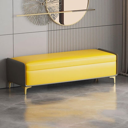 LMMIAMZ Luxury Leather Ottoman Bench Stylish Storage Footrest with Gold Legs Versatile Shoe Cabinet & Hidden Compartment Chic Yellow & Grey Design 100cm