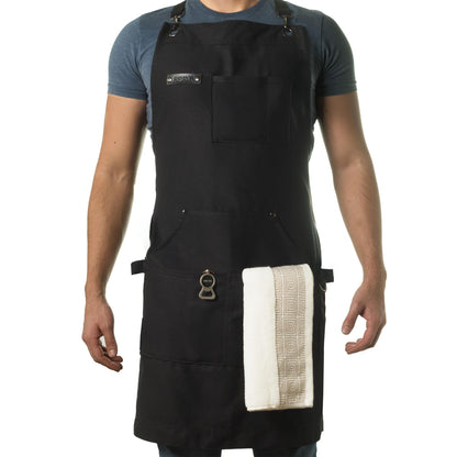 Asaya Chef & BBQ Apron with Pockets - Cross Back Canvas Cooking Apron for Women and Men, Adjustable Work & Grilling Aprons with Pocket, Bottle Opener and Hand Towel, 10oz Cotton Canvas (Black)