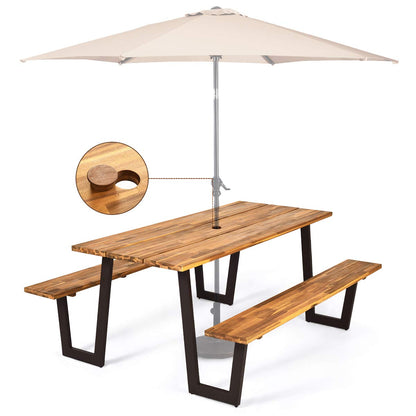 Giantex Picnic Table Bench Set for 6 or 8, 70.5" Acacia Wood Outdoor Dining Table Set, 2" Umbrella Hole, 1600 LBS Capacity, Heavy Duty Metal Frame, Large Beer Table for Patio Lawn Garden, Patented