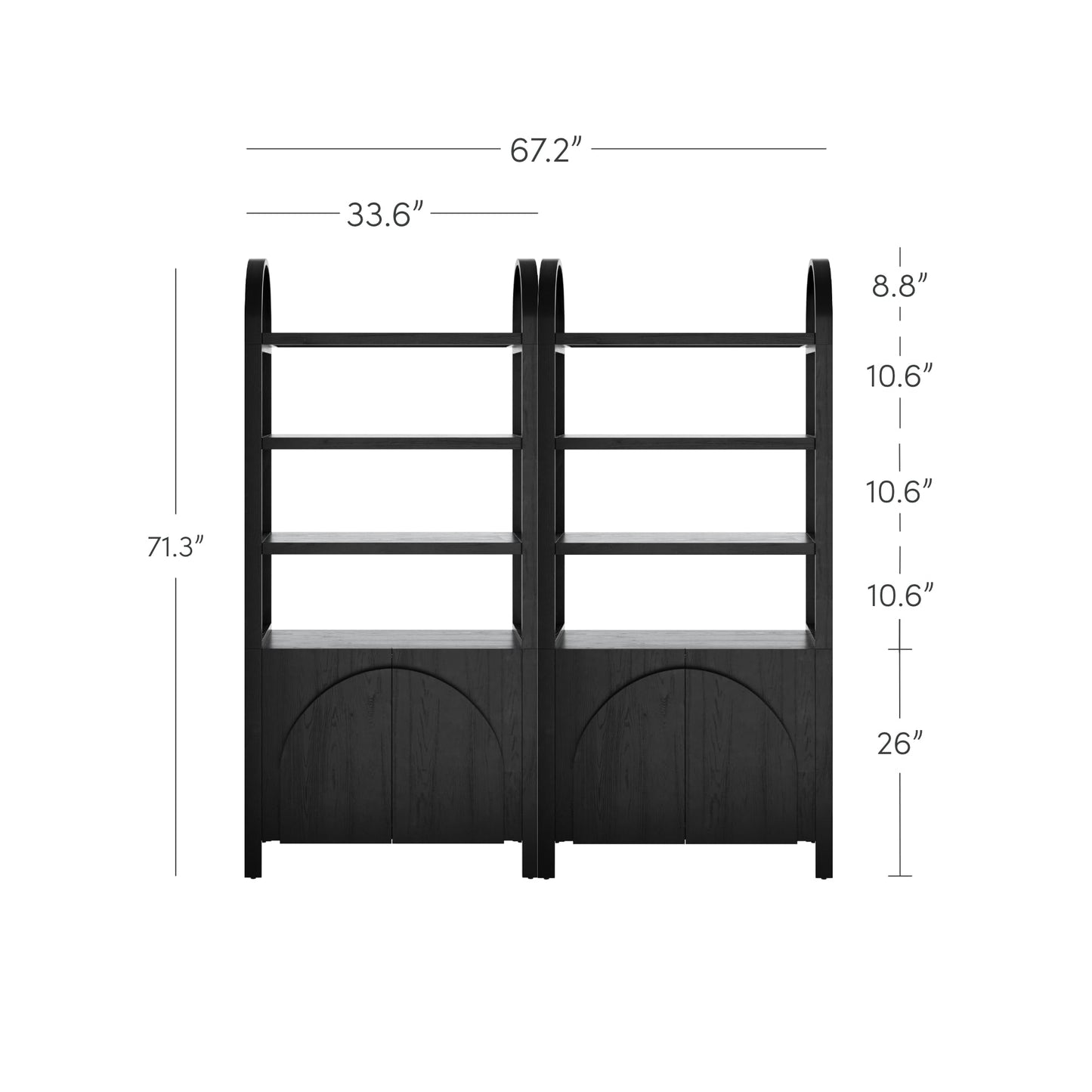 Nathan James Iris 3 Tier Bookshelf, Arched Bookcase Cabinet, Solid Wood Bookcase with Cabinet Base, Boho Bookshelf in Midnight Charcoal Finish, Set of 2