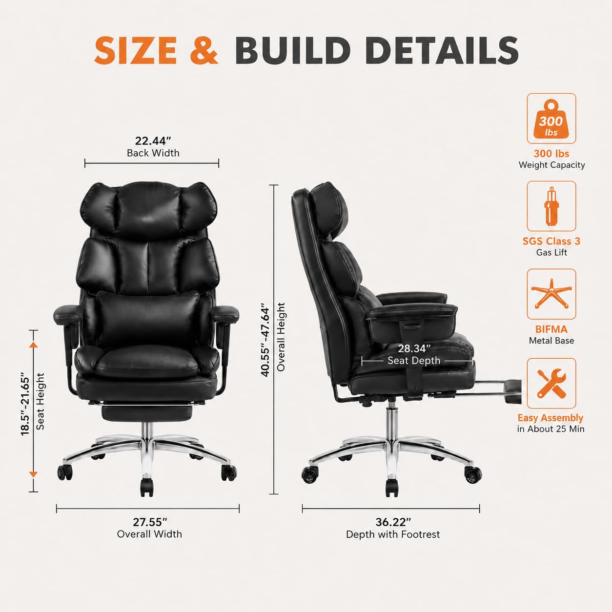 Big and Tall Ergonomic Office Chair with Footrest, Executive High Back PU Leather Desk Chair, Reclining Computer Chair with Adjustable Lumbar Support and Armrests, Swivel Rolling Gaming Chair, Black