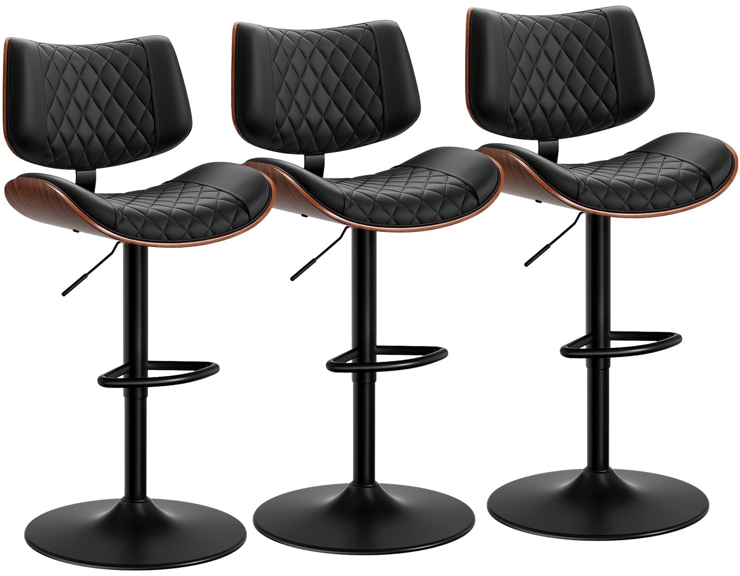 FervorFurn Swivel Bar Stools Set of 3, Adjustable Bar Stool for Kitchen Island, Mid-Century Modern PU Leather Counter Height Bar Stools with Back and Footrest, Easy Assembly, Black