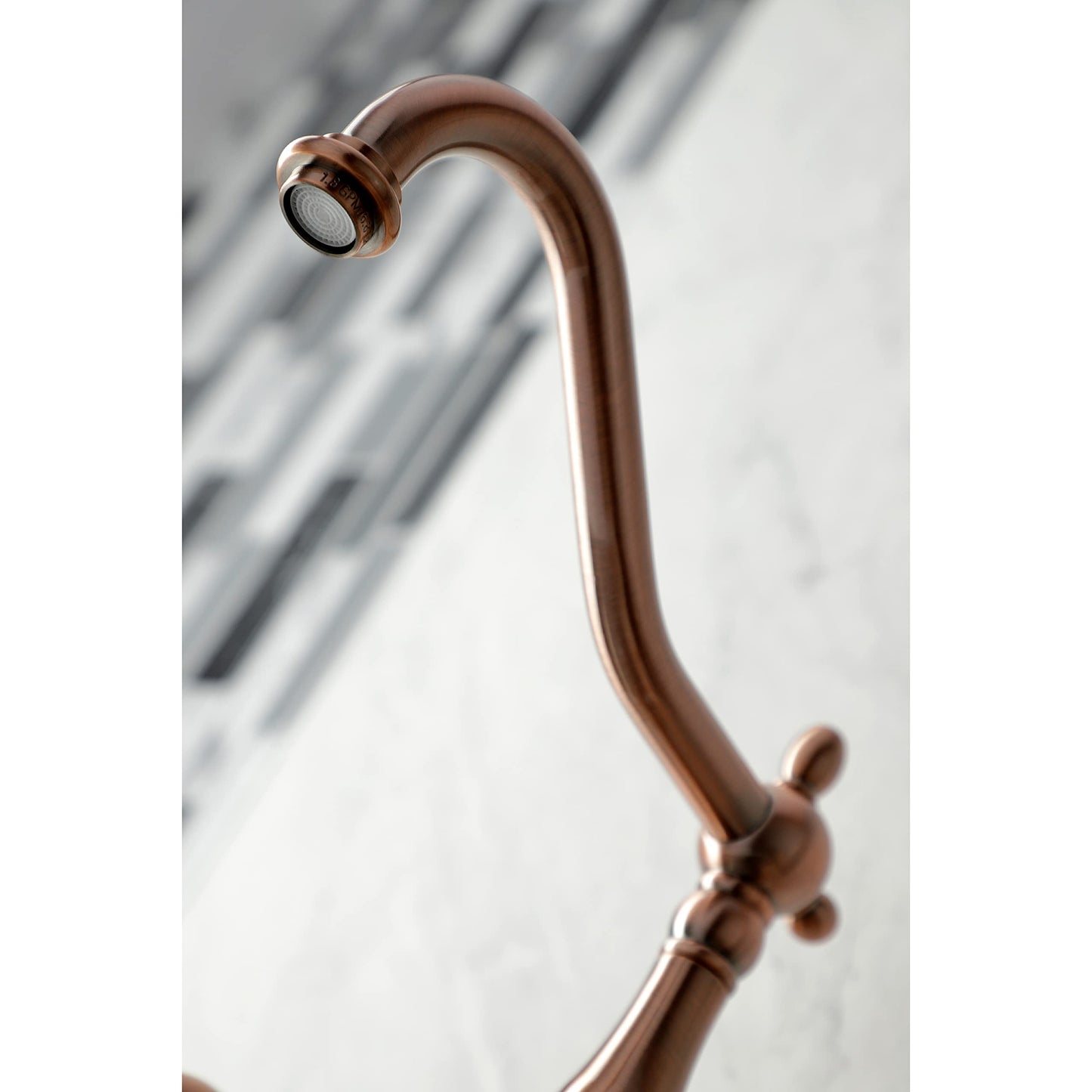 Kingston Brass KS124AXBSAC Heritage Wall Mount Bridge Kitchen Faucet with Brass Spray, Antique Copper