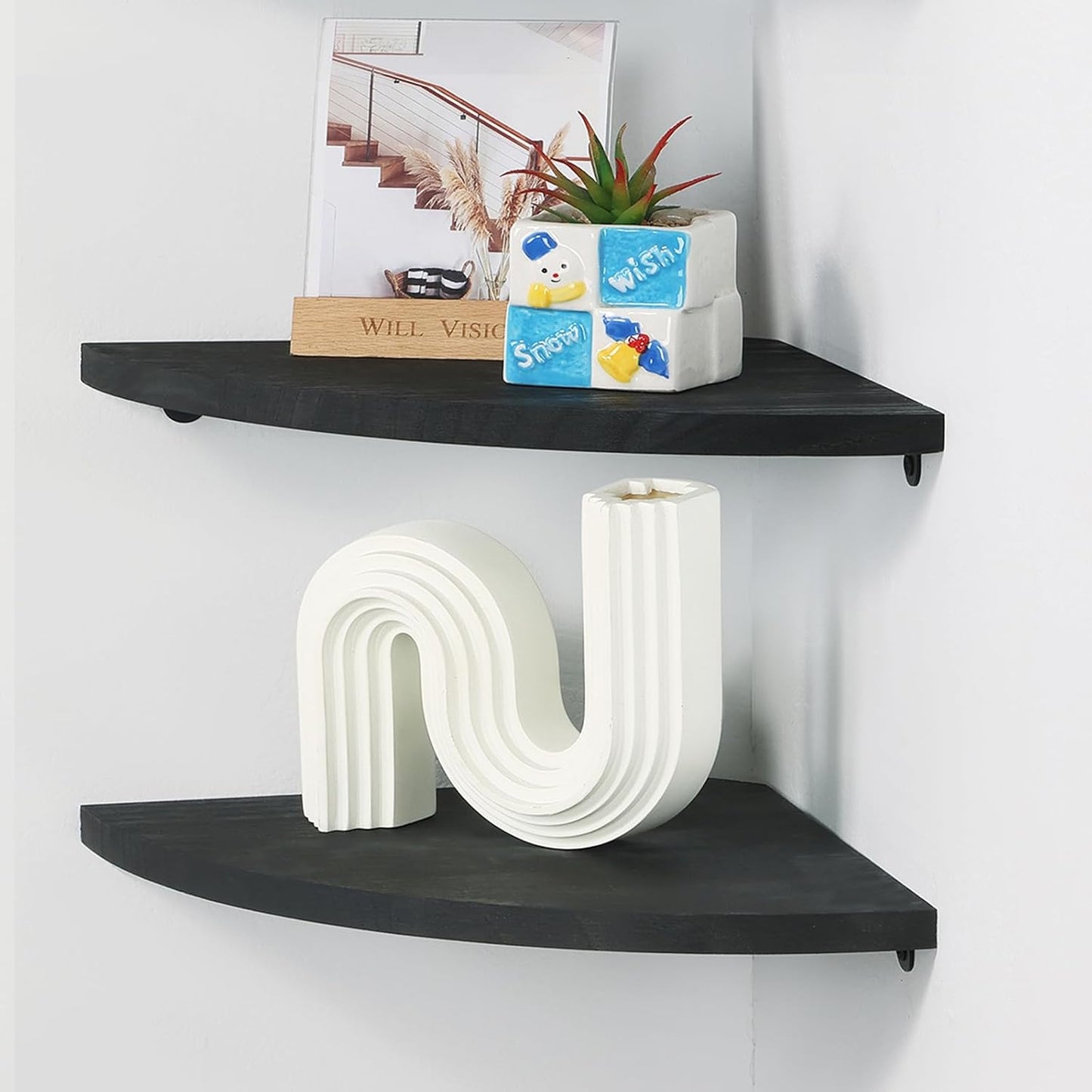 12 inch Set 2 (Black-12 inch) JORIKCHUO Corner Shelf, of Solid Wood Corner Floating Shelves for Wall, Round End Wall