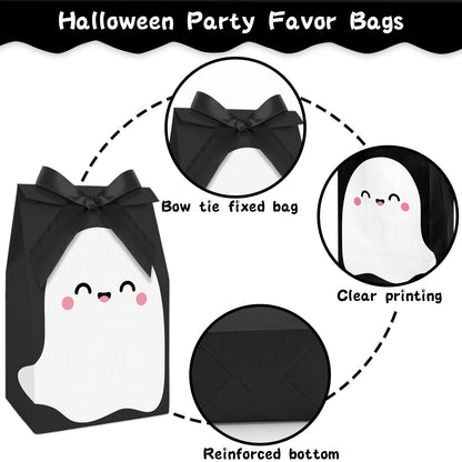JarThenaAMCS 24Pcs Halloween Party Favor Bags Little Boo Ghost Paper Gift Bags with Black Pink Ribbon Bows Candy Goodie Treat Bag for Birthday Baby Shower Party Supplies