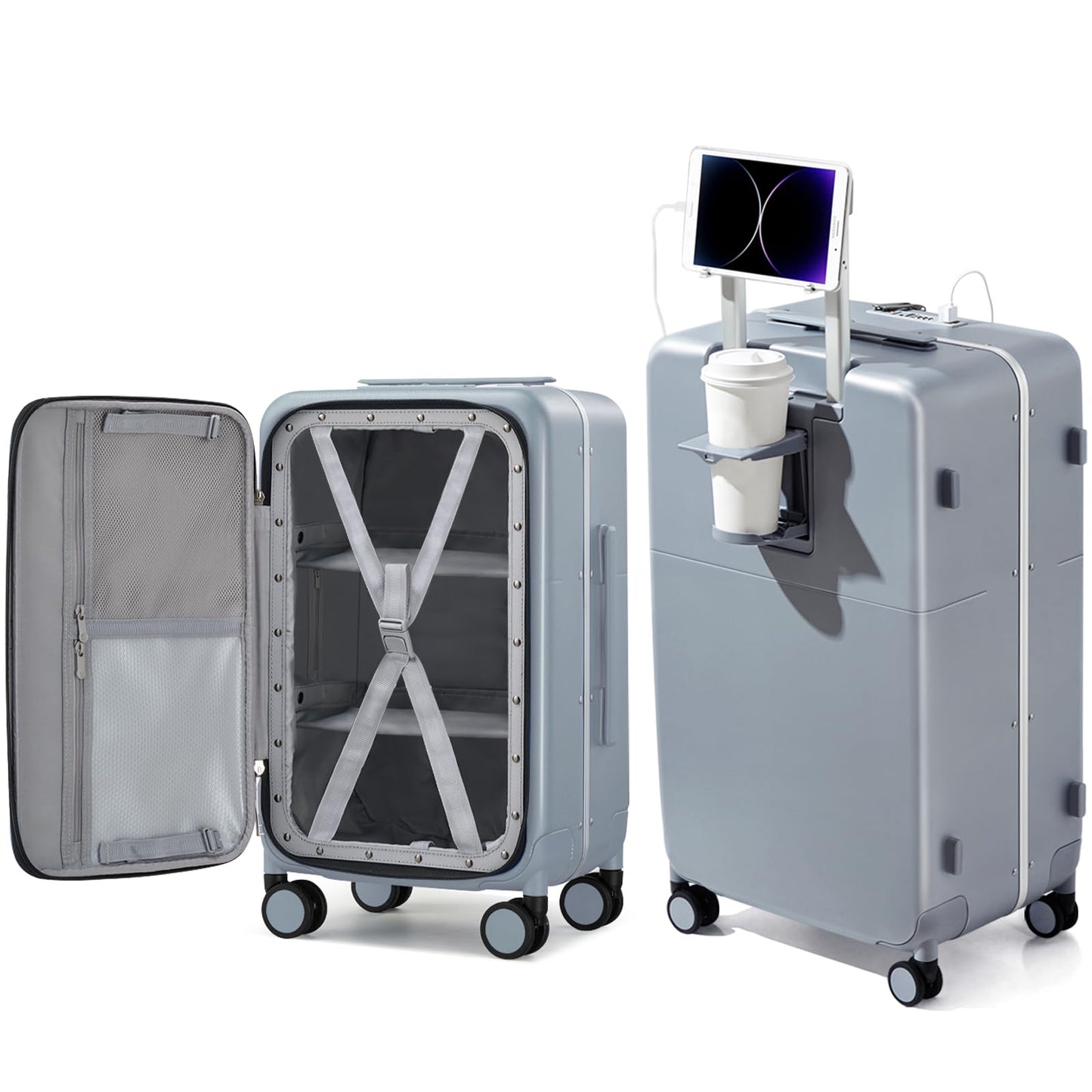 Hanke 28 Inch Checked Luggage with Cup Holder and USB Ports, Top Opening Hard Shell Suitcase with Wheels, Aluminum Frame Large Trunk Luggage with Foldable Divider & TSA Lock for Travel, Gray