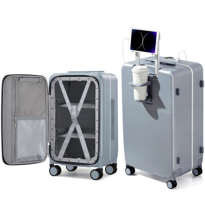 Hanke 28 Inch Checked Luggage with Cup Holder and USB Ports, Top Opening Hard Shell Suitcase with Wheels, Aluminum Frame Large Trunk Luggage with Foldable Divider & TSA Lock for Travel, Gray